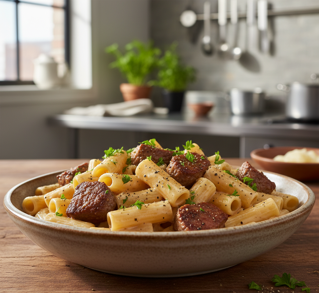 Cajun Steak Tips in Cheesy Rigatoni Parmesan Sauce