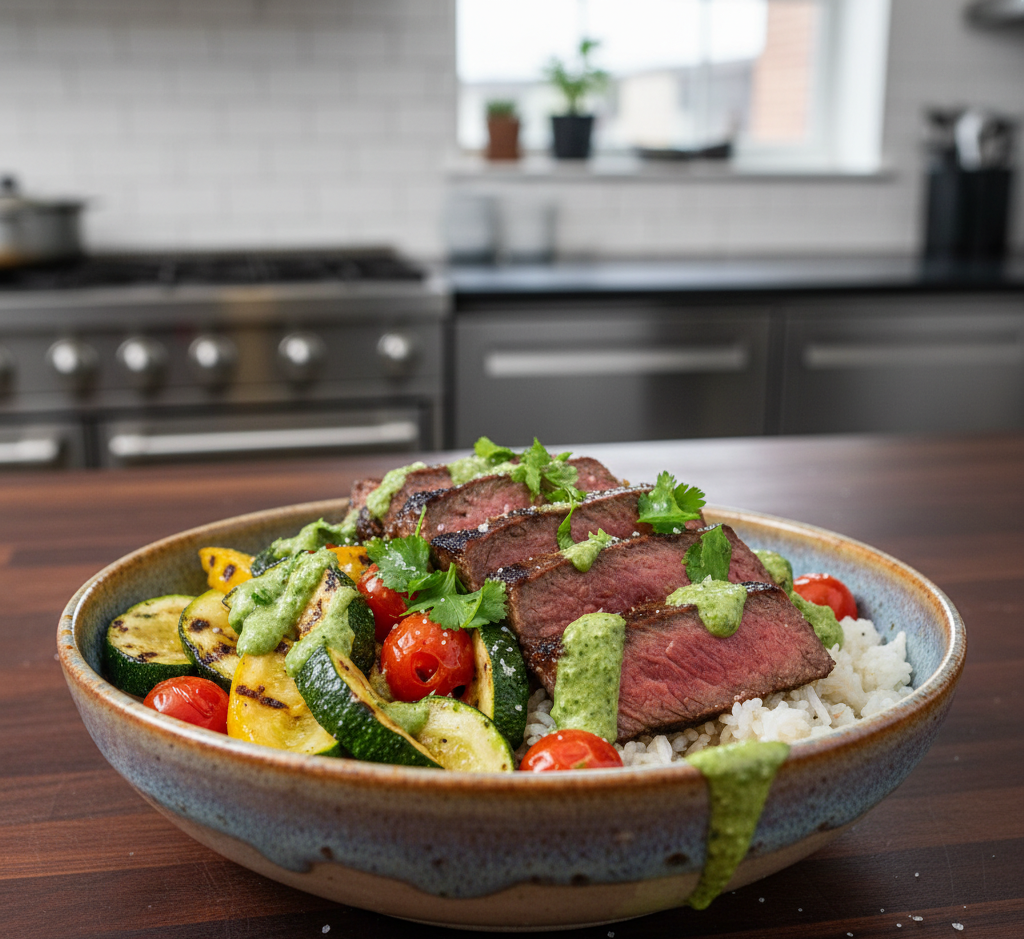 Grilled Steak Bowl with Sauce & Grilled Zucchini Bliss – A Flavor-Packed Healthy Dinner