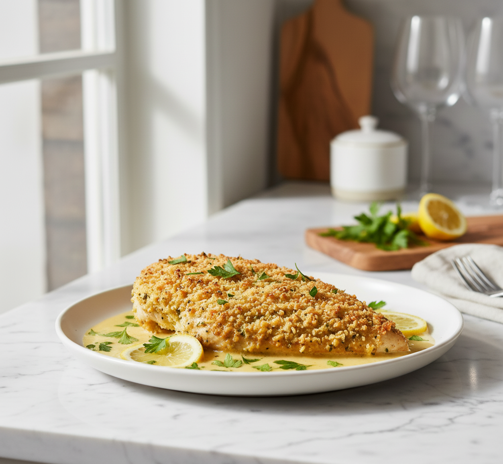 Lemon Pecorino Crusted Chicken with Creamy Lemon Sauce