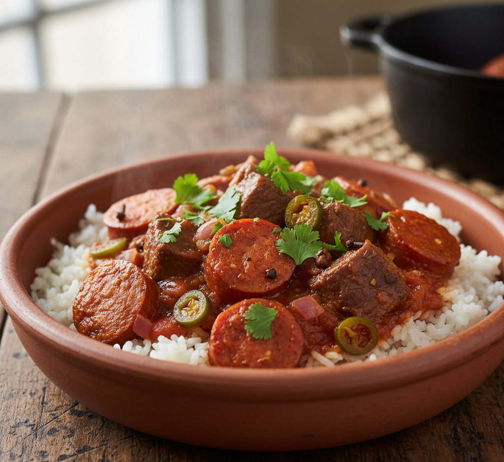 Discover a delicious Rougail Saucisses recipe with beef and spices. This authentic Réunion-style dish is bold, comforting, and perfect with rice for dinner.